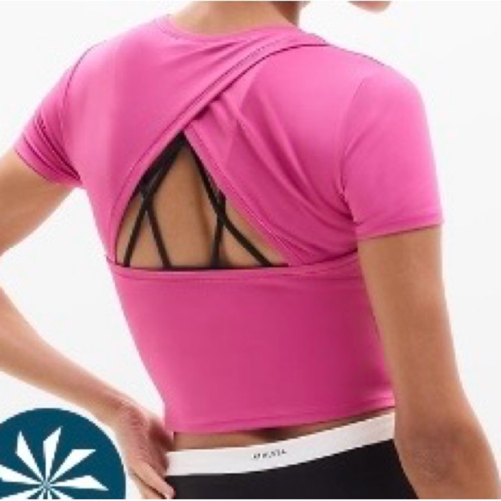Athleta Transcend Pink Short Sleeve Twist-Back Crop Top NWT